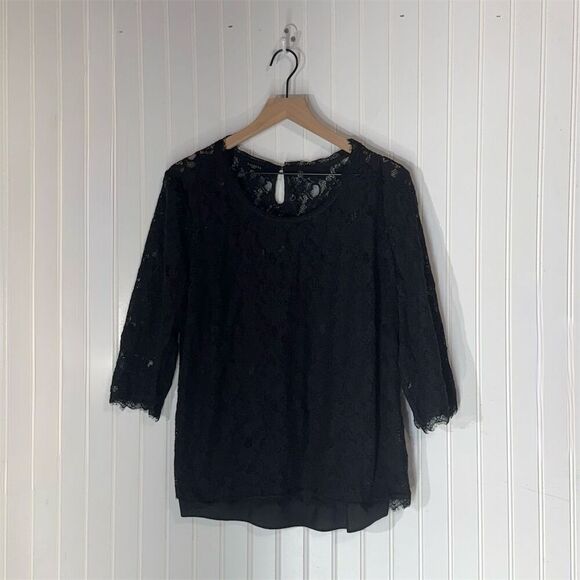 Talbots Woman 16W Black Lace 3/4 Sleeve Top Lined Sheer Overlay Romantic Chic - Picture 1 of 7